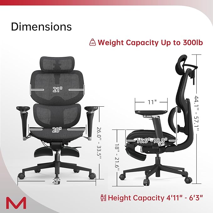 Ergonomic Office Chair with Footrest - High Back Mesh Desk Chair for Home Office, Reclining Computer Chair with Adjustable Lumbar, 3D Headrest, 300lb, 4'11"-6'3" - Black