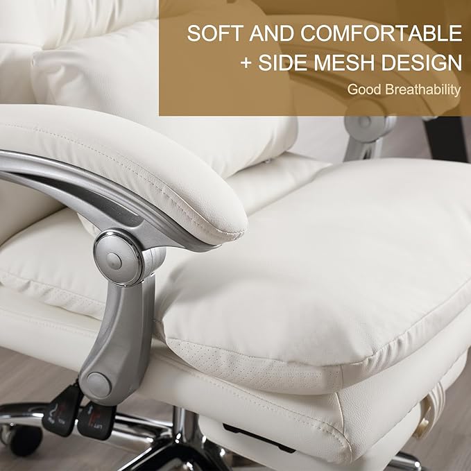 Office Chair with Foot Rest - High Back Executive Chair with Padded Linkage Armrests, Reclining Desk Chair with Wheels, Comfy Chair with Double Thick Cushion (Cream White)