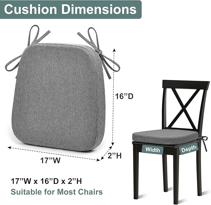 Shinnwa Kitchen Chair Cushions, Patented Design Molded Memory Foam Dining Chair Pads with Ties and Washable Cover, 17" x 16" x 2", Dark Grey