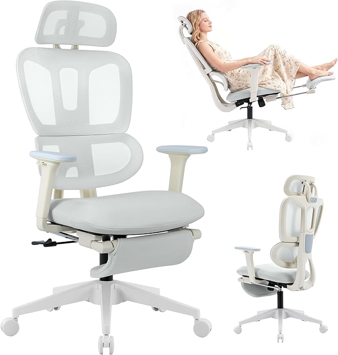 Ergonomic Office Chair with Footrest, 90-135° Reclining High Back Desk Chair with Lumbar Support, 2D Headrest, 2D Armrests, Computer Chair for Long Hours, Light Grey