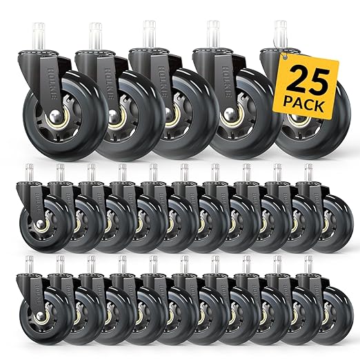 HOLKIE Office Chair Wheels Roller Blade Caster 11x22mm All Black 3 Inch Chair Wheels for Office Rubber Rolling Set of 25 for Carpet Hardwood Floors Gaming Smooth & Silence Gliding