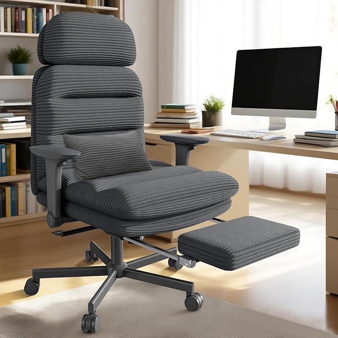 GXJ Criss Cross Chair with Flip-up Arms, Executive Office Chair with Foot Rest, Swivel Cross Legged Office Chair with Lumbar Pillow&Headrest, Corduroy Comfy Computer Desk Chair for Home, Black