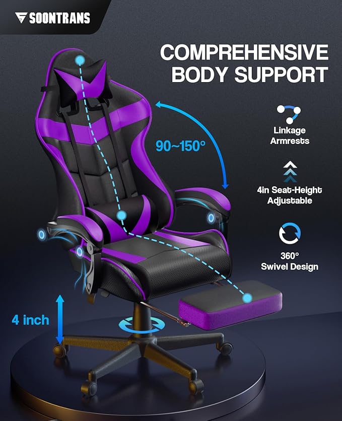 Soontrans Purple Gaming Chair with Footrest, Ergonomic Gamer Chair, Video Game Chairs with Adjustable Headrest, Removable Lumbar Support Office Chair, Game Chairs for Adults Teens(Purple)