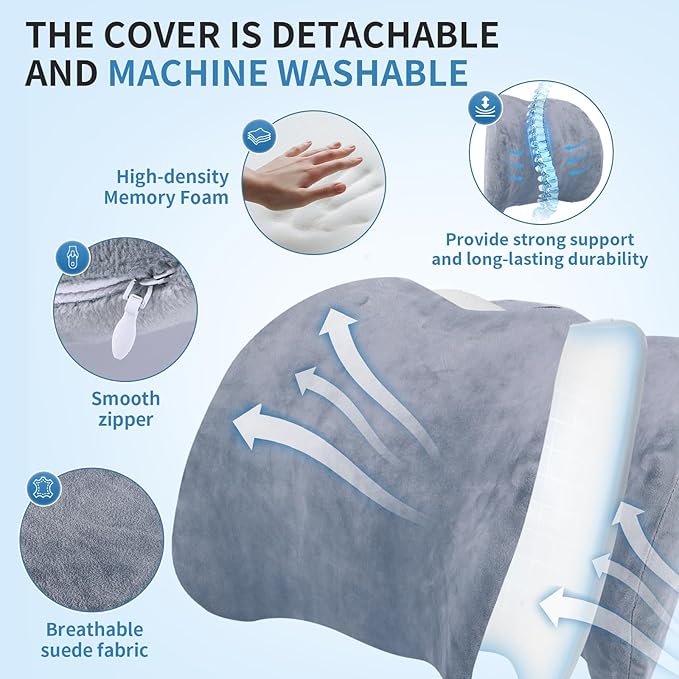 Lumbar Support Pillow for Car, Office Chair, and Gaming, Memory Foam Back Support Cushion for Lower Back Pain Relief, Ergonomic Design with Breathable Crystal Velvet Cover, Grey