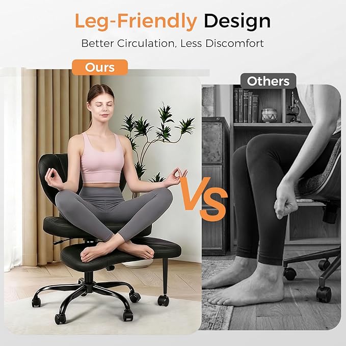 Cross Legged Office Chair, Ergonomic Criss Cross Chair with Wheels, 360° Swivel Height-Adjustable Meditation Chair for Yoga & ADHD, Wide Kneeling Chair with Strong Lumbar Support (Black) BPY01B