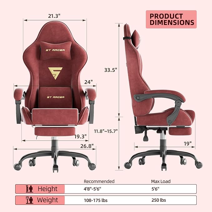 Gaming Chair Racing for Adult, Office Chair with Footrest Massage Lumbar Cushion, Velvet Fabric Reclining Video Game Chairs, Ergonomic Computer Chairs Height Adjustable, for Home Streaming, Red