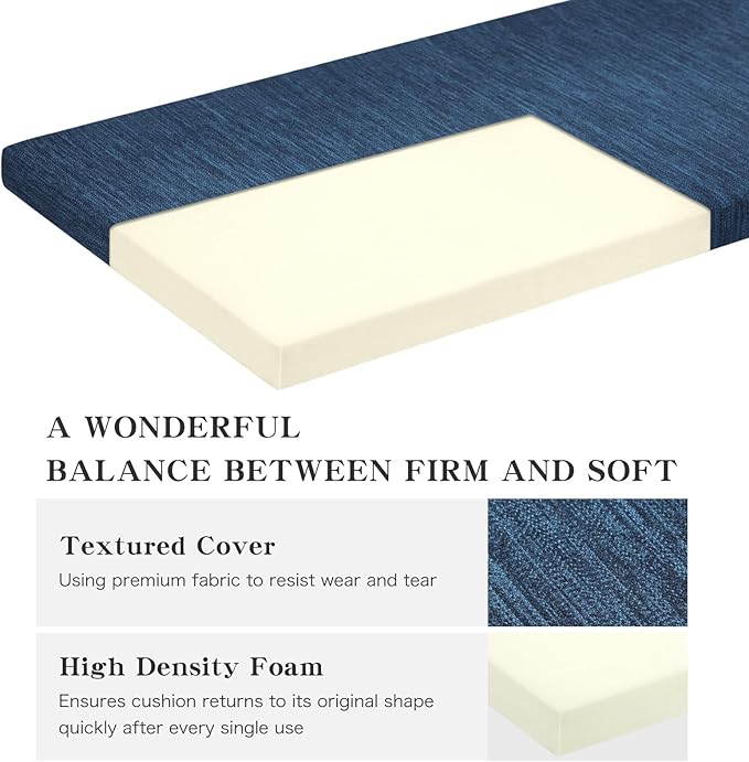baibu 48 Inch Classic Solid Color Bench Cushion with Ties, Non-Slip Indoor Rectangle Bench Seat Cushion Standard Size Foam Pad with Machine Washable Cover (Dark Blue, 48x16x1.5 Inch)