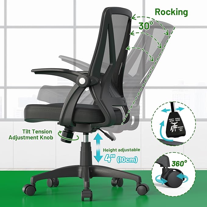 Ergonomic Model Rolling Home Office Computer Desk Chair with Flip Up Arms Lumbar Support for Work Study Adult and Student