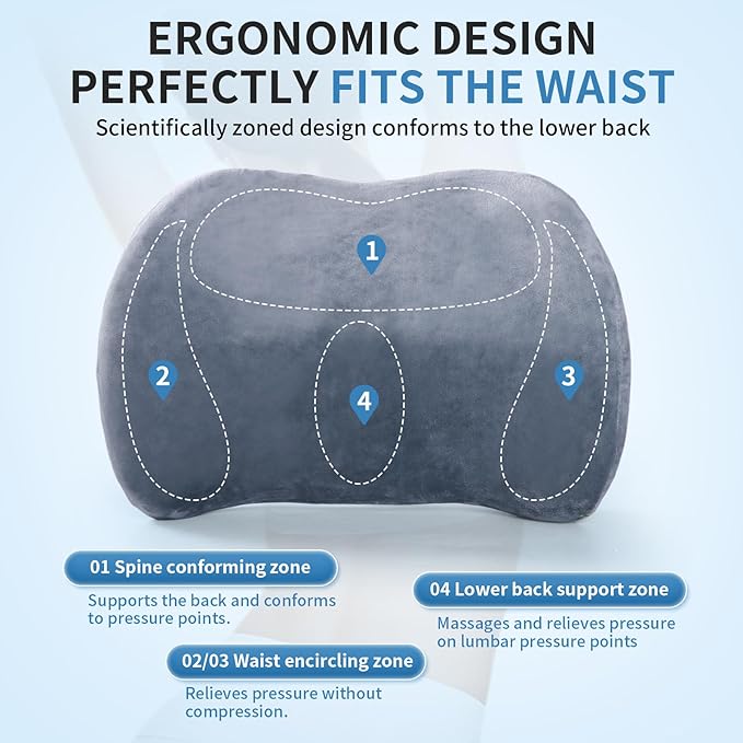 Lumbar Support Pillow for Car, Office Chair, and Gaming, Memory Foam Back Support Cushion for Lower Back Pain Relief, Ergonomic Design with Breathable Crystal Velvet Cover, Grey