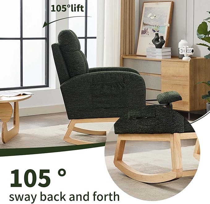40" Fabric Nursing Rocking Chair, Nursery Chairs with Adjustable Foot Rest, High Backrest Upholstered Arm Chair with Side Pockets, Wood Rocking Chair for Living Room, Bedroom, Baby Room (Dark Green 1)