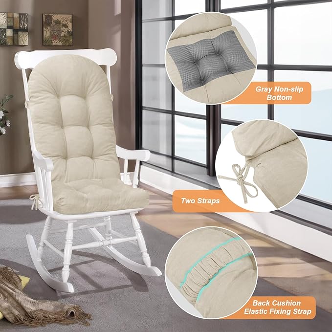Rocking Chair Cushion - Chenille Fabric, High-Density Sponge, Durable Comfort Non-Slip Bottom Tufted Seat Pads with Ties, Chenille︱Cream, 44x19x4 inch
