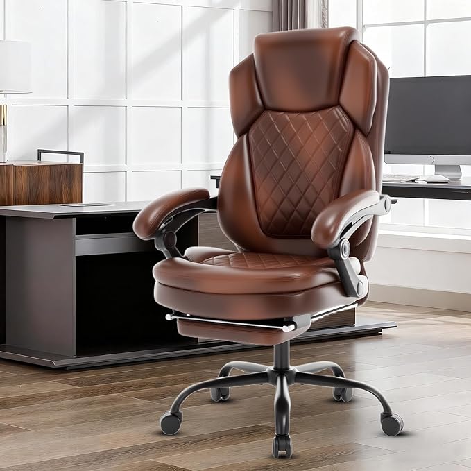 400lbs Reclining Office Desk Chair with Footrest, Managerial Executive Chair Lounge Chair for Office, Plus Size Brown Leather Recliner Office Chairs