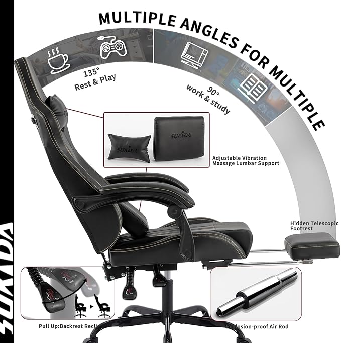 Gaming Chair with Footrest Ergonomic Computer Chair Massage Lumbar Cushion, Racing Video Game Chair Adjustable Rocker Recliner Executive Office Desk Chair Pu Leather for Adults