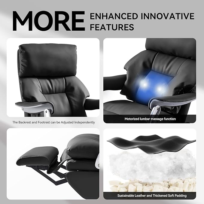 EMIAH Ergonomic Office Chair with Foot Rest Electric Executive Office Chair Reclining with Massage Big and Tall High Back Computer Chair with Wheels, Sustainable Leather（Black）