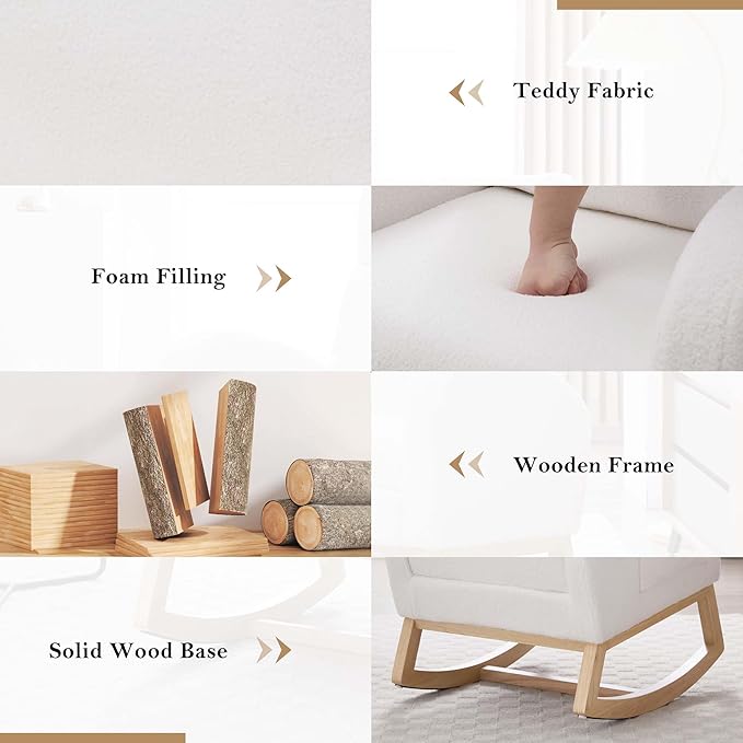 40" Teddy Nursing Rocking Chair, Nursery Chairs with Adjustable Foot Rest, High Backrest Upholstered Arm Chair with Side Pockets, Wood Rocking Chair for Living Room, Bedroom, Baby Room (White)