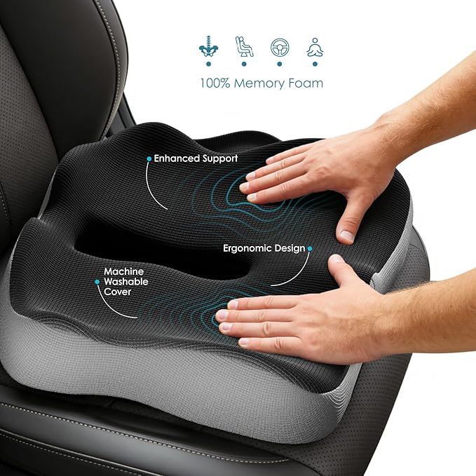 Car Seat Cushion, Extra Large Memory Foam Cushion with Adjustable Strap for Truck Drivers & Long Driving, Orthopedic Sciatica and Tailbone Pain Relief, Comfort Support for Travel Essentials