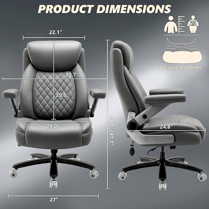 650LBS Big and Tall Office Chair with 5D Flip Arms and Thick Pocket Spring Cushion,Extra Wide Heavy Duty Office Chair&Adjustable Lumbar Support,Large High Back Computer Chair Dual Rubber Wheel (Grey1)