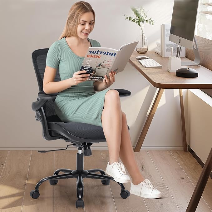 Ergonomic Office Chair with Flip-up Arms, Space Saving Mesh Desk Chair with Adjustable Lumbar Support & Headrest, Breathable Executive Computer Chair, Heavy Duty Swivel Task Chair 300LBS