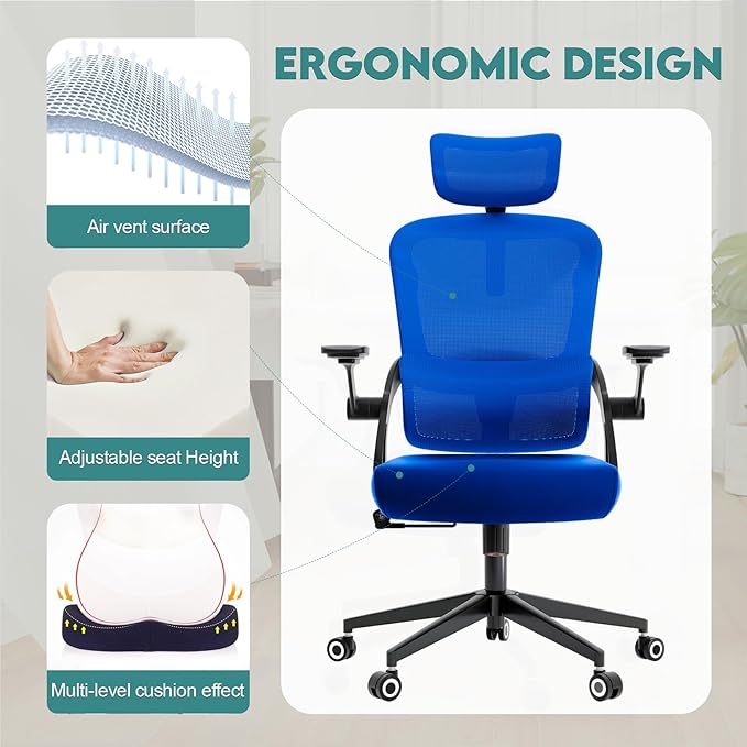 350 LBS Ergonomic Office Computer Mesh Chair - Adjustable Height Rolling Desk Chair with Flip-Up Armrests & High Back Support - Comfortable Swivel Task Chair for Home Office (01BLUE)