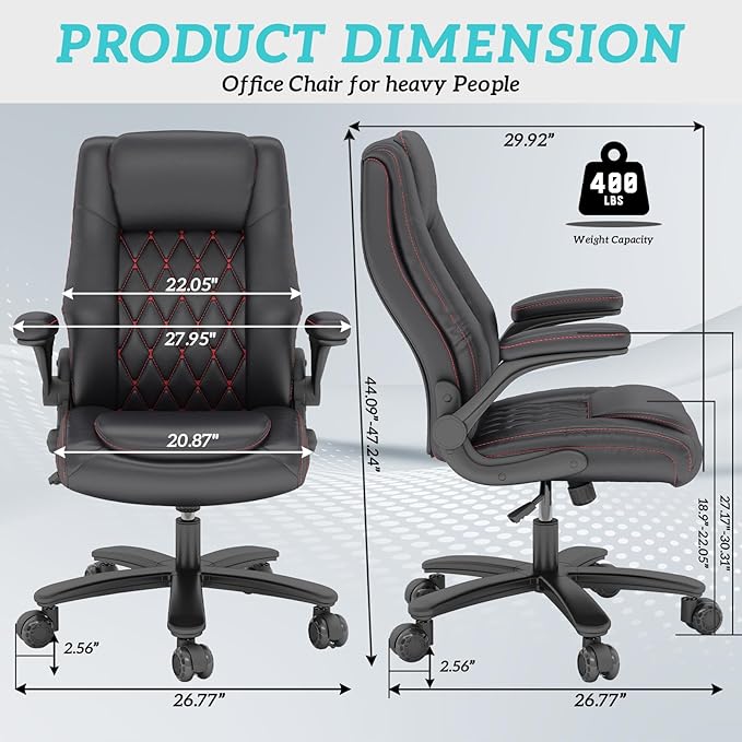 GYI Office Chair, Ergonomic Computer Desk Chair, Leather Executive Office Chair with High Back, Lumbar Support, Flip-up Arms, Wide and Thick Padded Seat, Heavy Duty Base, Rubber Wheels, Black