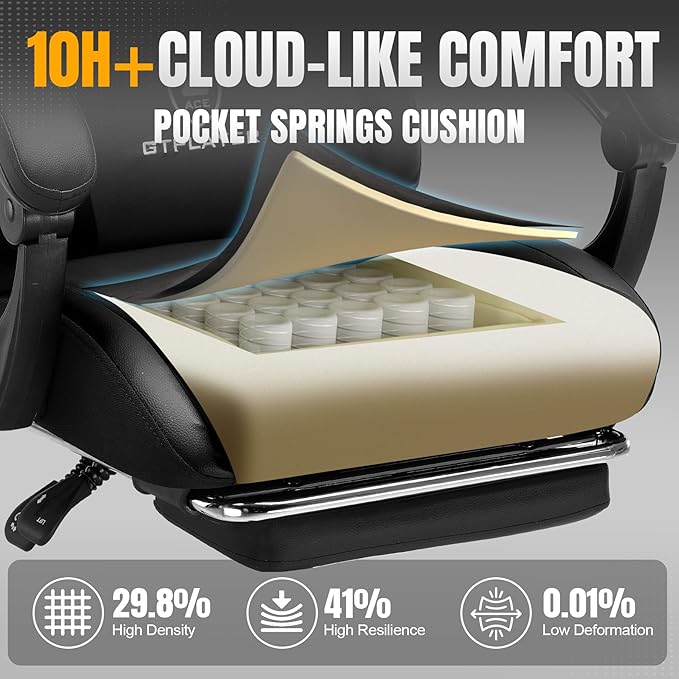 GTPLAYER Gaming Chair with Foot Rest & Pocket Spring Cushion, Ergonomic High Back Computer Chair with Headrest & 360°-Swivel Seat for Home Office Desk, PU Leather, Black