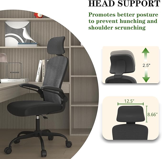 Ergonomic Office Chair for Long Hours Sitting – Back & Neck Pain Relief, Adjustable Lumbar Support & Headrest, High-Density Foam Seat, Ideal for Work & Home Office, Black