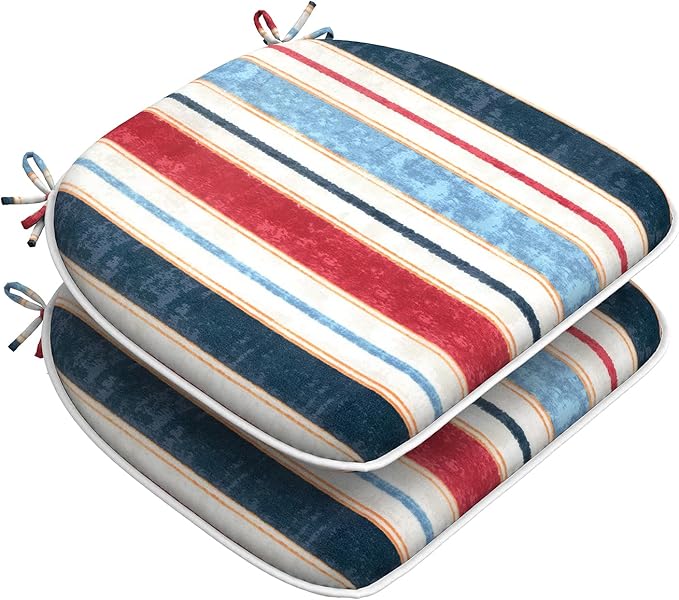 DYTXIII Set of 2 Outdoor Chair Cushions with Ties,Water Repellent Patio Chair Pads 17"x 16" for Outdoor Furniture,Round Corner Seat Cushions for Garden Yard Kitchen Stripe Red Blue