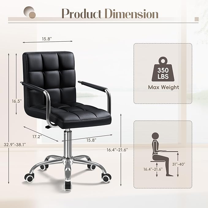 Furmax Vanity Office Chair with Wheels, Makeup PU Leather Executive Chair Modern Adjustable Home Desk Retro Comfortable Work Chair 360 Degree Swivel with Arms (Black)