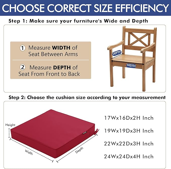 6 Pack Outdoor Chair Cushions 19 x 19 Inch Water Resistant Patio Chair Cushions with Tie 3 Year Color Fastness Thick Outdoor Seat Cushion for Garden Lawn Patio Furniture Burgundy
