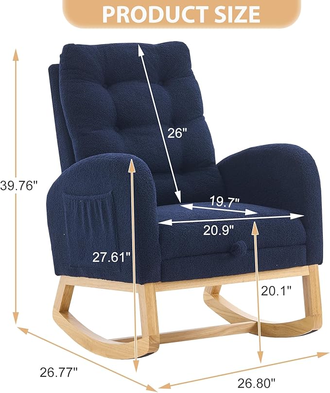 cinkehome Nursery Rocking Chair with Retractable Foot Rest, Teddy Glider Rocking Chair, Mid Century Rocker Chair, High Back, Solid Wood Legs