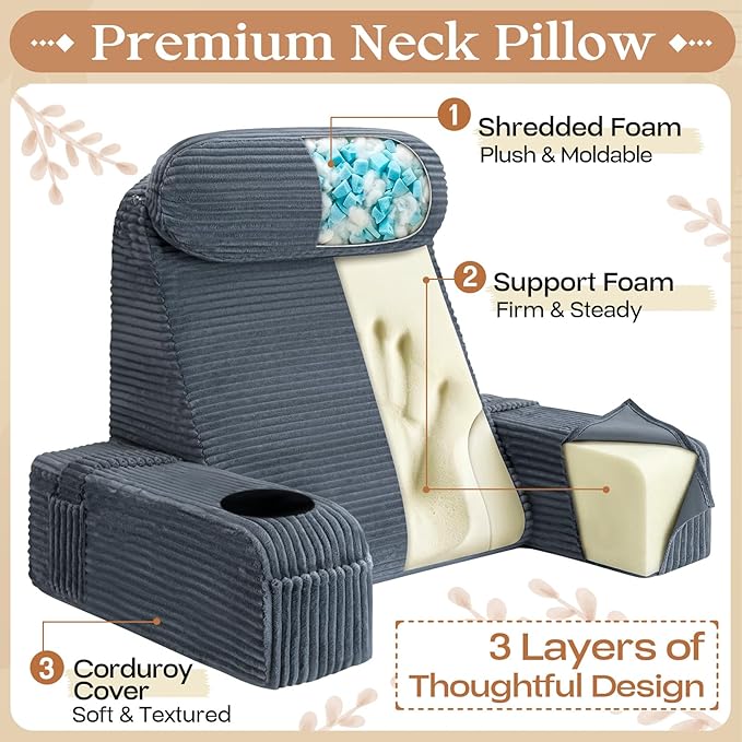 Reading Pillow/Backrest Pillow with Arms, Cup Holder & Phone Pocket - Bed Rest Pillow with Adjustable Headrest, Corduroy Fabric for Back Support in Bed/Sofa/Floor (Gray, 21 INCH)