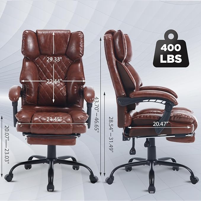 Big Tall Reclining Executive Office Chair with Footrest, 400lbs Ergonomic Recliner Desk Chairs with Lumbar Support, Heavy Duty High Back Vintage Leather Computer Chair with Wheels, Brown