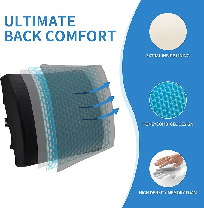Lumbar Support Pillow for Office Chair - Memory Foam Back Cushion for Chair, Car, Couch - Lumbar Pillow Promotes Better Posture, Back Pain Relief with Adjustable Strap & Non-Slip