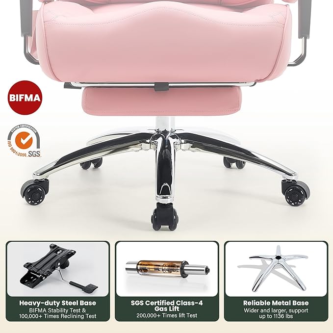 500lbs Big and Tall Office Chair Adjustable Lumbar Support, Extra Wide Seat Ergonomic Gaming Chair with Footrest, Heavy Duty High Back Executive Leather Computer Desk Chair (Pink)