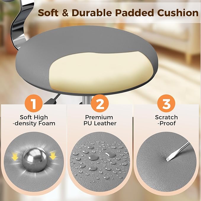 Rolling Stool Chair with Wheels, Office Drafting Chair with Back Support, Height Adjustable Standing Desk Stool with PU Leather Cushion for Home Office Kitchen Vanity Salon Garage Tattoo Dentist, Grey