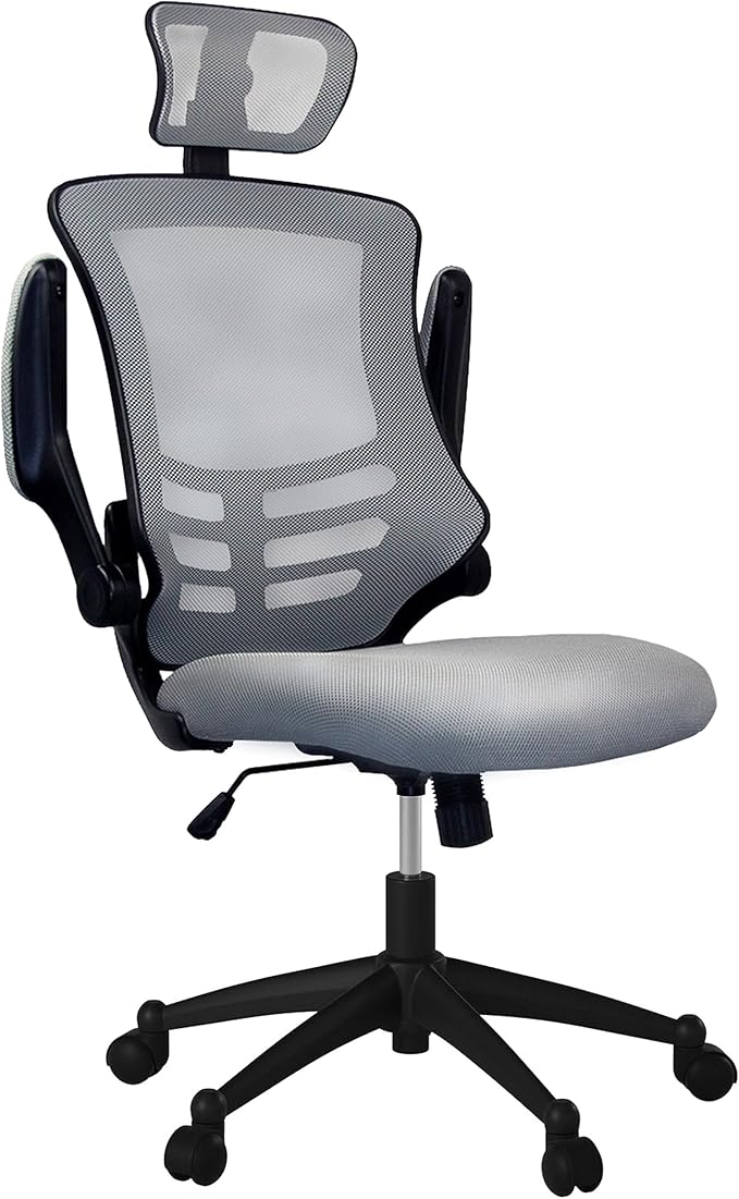 Modern High Back Mesh Executive Chair With Headrest And Flip Up Arms. Color: Silver Grey
