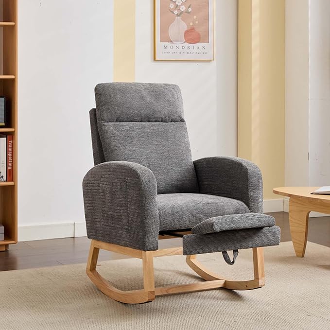 40" Fabric Nursing Rocking Chair, Nursery Chairs with Adjustable Foot Rest, High Backrest Upholstered Arm Chair with Side Pockets, Wood Rocking Chair for Living Room, Bedroom, Baby Room (Dark Gray)