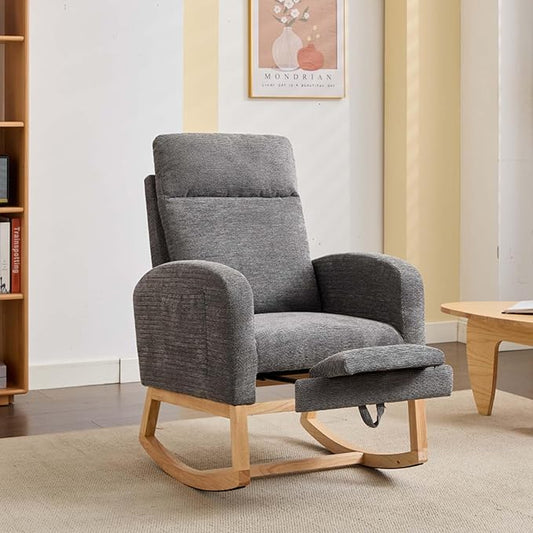 40" Fabric Nursing Rocking Chair, Nursery Chairs with Adjustable Foot Rest, High Backrest Upholstered Arm Chair with Side Pockets, Wood Rocking Chair for Living Room, Bedroom, Baby Room (Dark Gray)