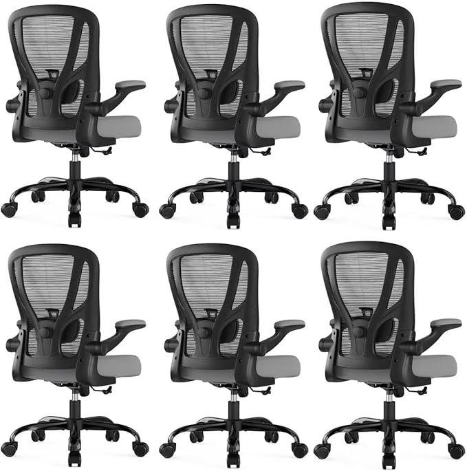 Office Chair Ergonomic Desk Chair - Mesh Computer Chair Breathable Task Chair with Wheels Adjustable Lumbar Support Home Desk Office Chairs with Flip up Armrest Gray 6 Pack