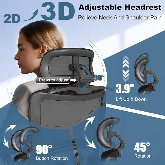 Ergonomic Office Chair, Home Computer Chair with 3D Adjustable Headrest and 4D Flip-Up Armrests, Adjustable Lumbar Support, Suitable for Office and Study, 4PC, Black