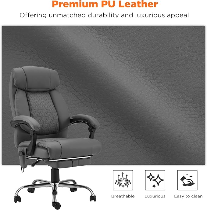 HOMREST Four-Points-Massage Executive Office Chair with Footrest,Reclining Massage Office Chair with Heated,Ergonomic Chair for Home Office Gray