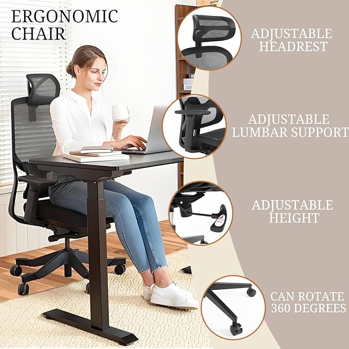 Ergonomic Mesh Office Chair with Lumbar Support - Adjustable Seat Height, Flip-Up Arms Breathable Mesh Desk Chair for Home Office, Work & Gaming (Black)