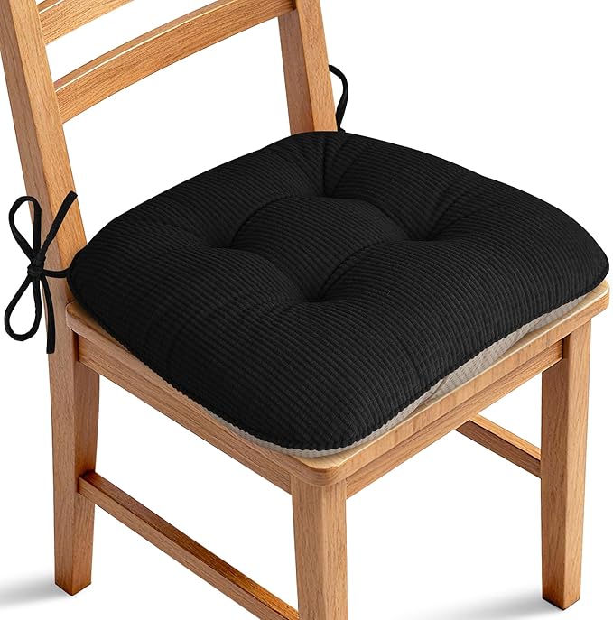 ELFJOY Dining Chair Cushions Thick Non Slip Kitchen Chair Pads with Ties Comfortable Indoor Kitchen Seat Cushions 18" x 18" x 3" (1, Black)
