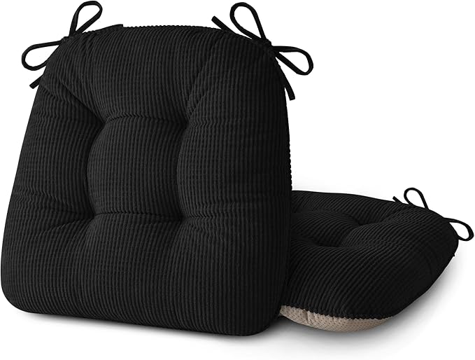 ELFJOY Dining Chair Cushions Thick Non Slip Kitchen Chair Pads with Ties Comfortable Indoor Kitchen Seat Cushions 18" x 18" x 3" (2, Black)