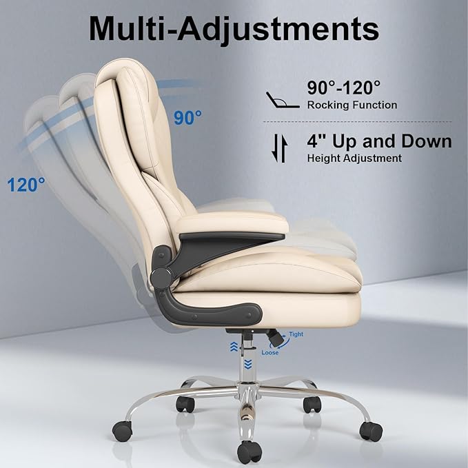 Office Chair, Home Desk Chair, Ergonomic Computer Chair with Lumbar Support, Executive Leather Chair with Flip-Up Armrests, Big and Tall Swivel Rolling Chair, Beige