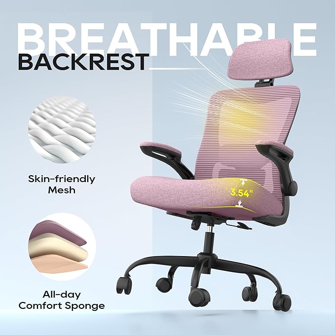 Office Chair, Ergonomic Mesh Desk Chair with Adjustable Lumbar Support and Headrest, Flip-up Armrests, High Back Computer Task Chair for Home and Executive Office (B-LPurple)