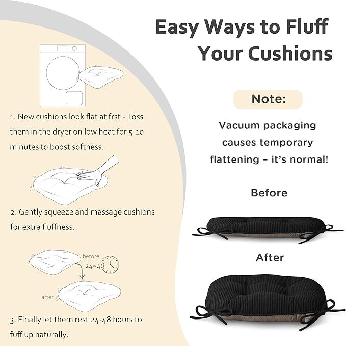 ELFJOY Dining Chair Cushions Thick Non Slip Kitchen Chair Pads with Ties Comfortable Indoor Kitchen Seat Cushions 18" x 18" x 3" (1, Black)