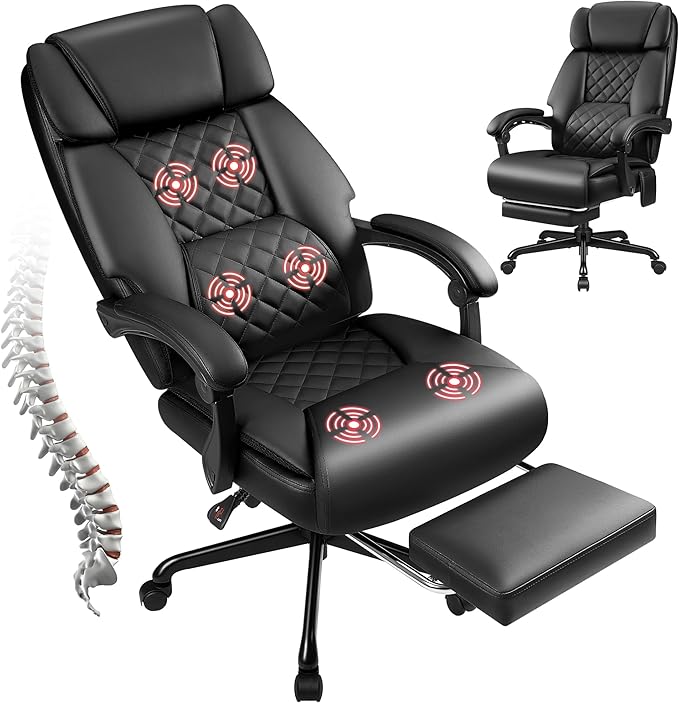 JUMMICO Massage Office Chair with 6 Point Vibration and Heat, Ergonomic Executive Home Office Desk Chair with Foot Rest, High Back 400LBS Leather Computer Chair for Home Office (Black)