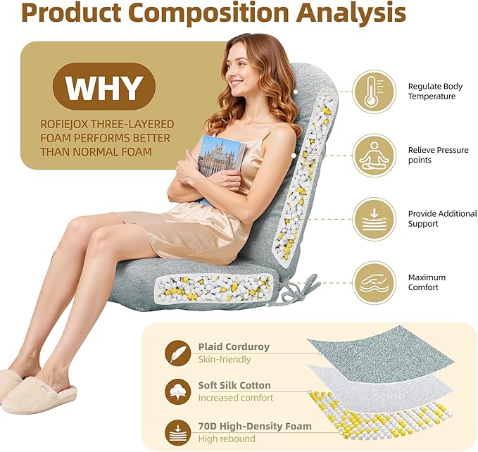 Rocking Chair Cushion - Lola Cotton-Linen Fabric, High-Density Sponge, Durable Comfort Non-Slip Bottom Tufted Seat Pads with Ties, Lola︱Grey-Blue, 44x19x4 inch