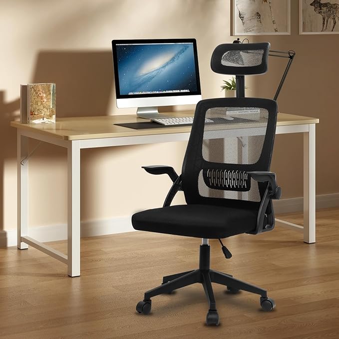 Office Chair, Ergonomic Office Chair, Computer Chair with Lumbar Support, Breathable Mesh Chair with Adjustable High with Flip-up Armrests, Rolling Computer Chair for Home Office Black